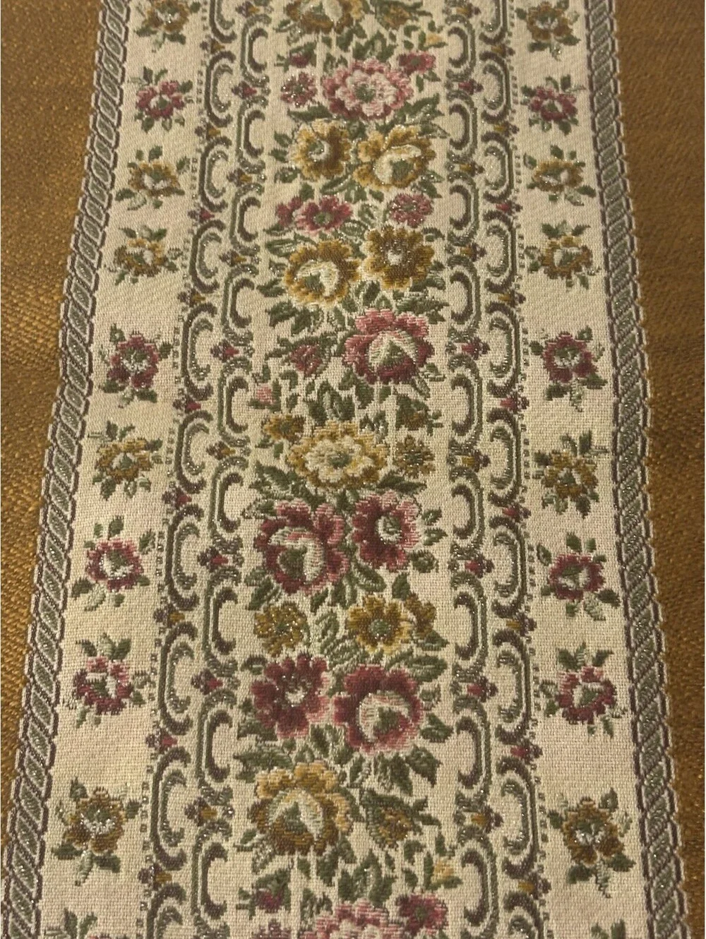 Vintage Table Runner Gold With Green Velvet Backing Floral